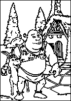 coloriage Shrek devant la cabane